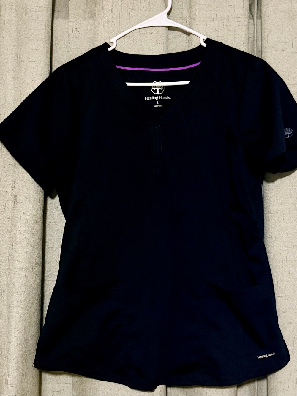 healing hands Black V-Neck Short Sleeve Scrub Top with Purple Trim